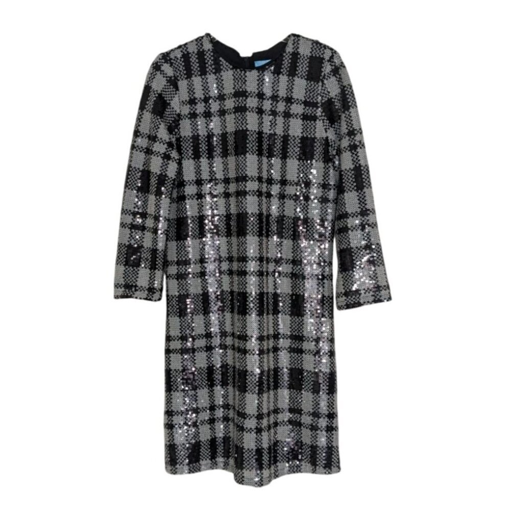 Draper James RSVP Sequin Plaid Dress Womens Size 6 Black 3/4 Sleeves Sheath